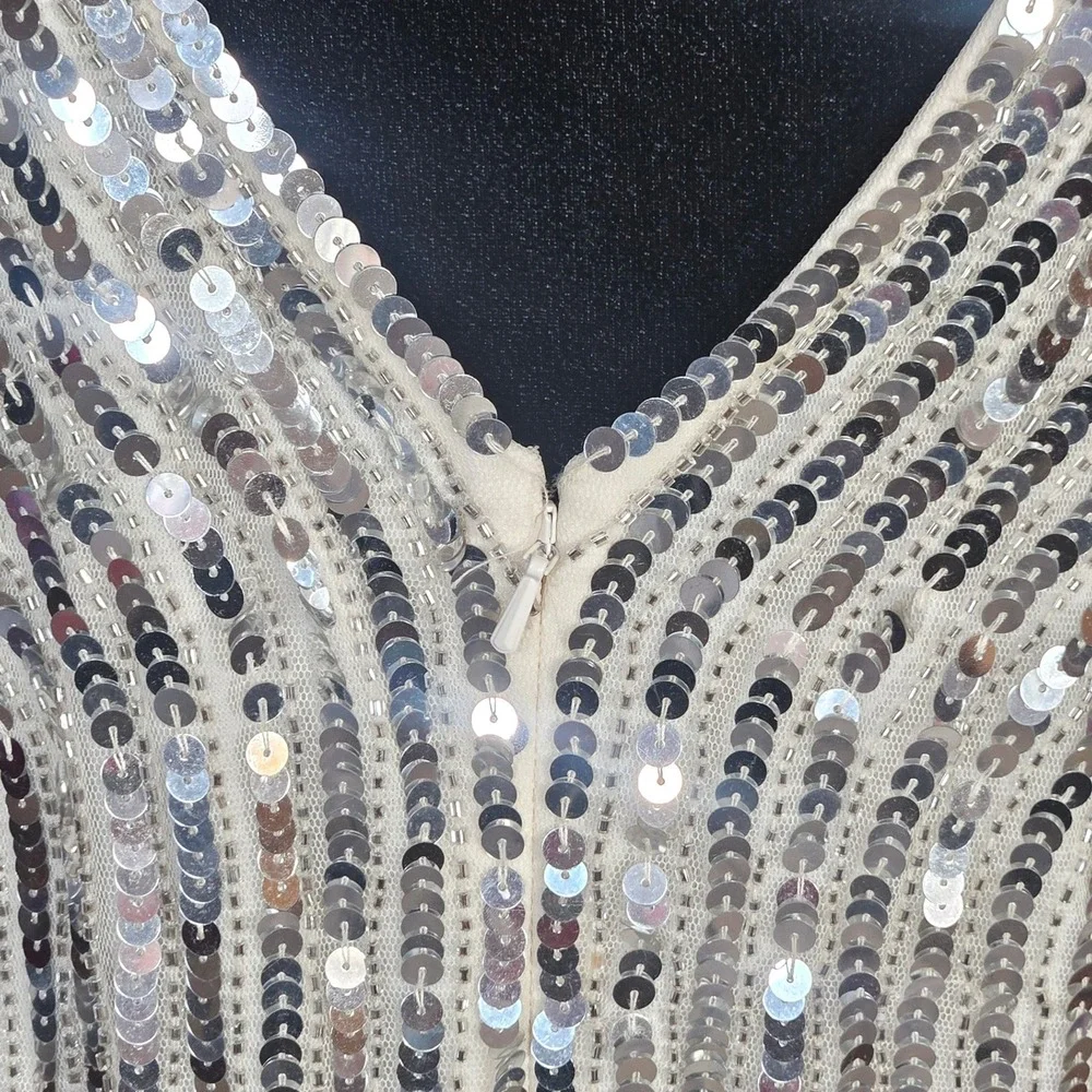 Mac Duggal Silver Sequin Gown Formal Evening Dress High Slit Sz 14W Prom Elegant